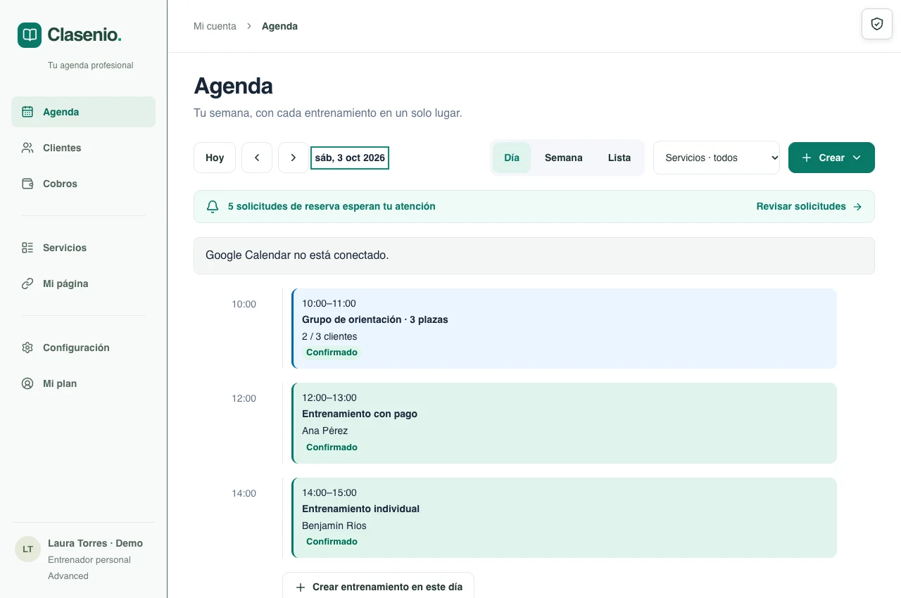 Agenda de Clasenio con los encuentros del día.